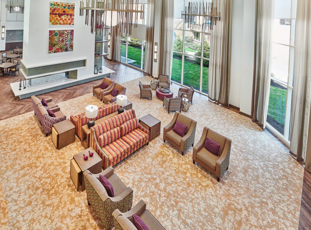 view of the great room at Oak Trace Senior Living Community from the second floor